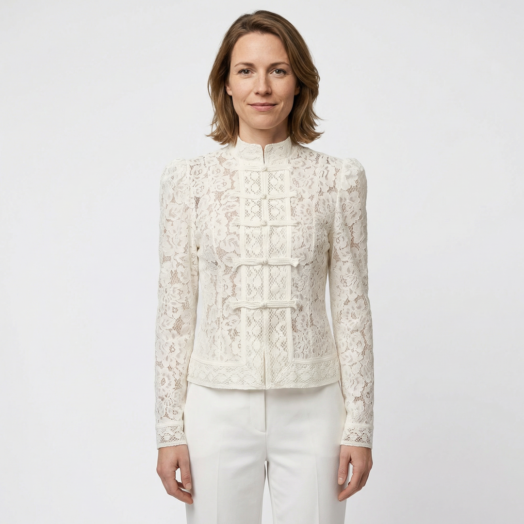 Weiße Damen-Spitzenbluse Slim Fit mit Halbkragen, Frontansicht