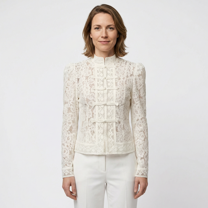 Weiße Damen-Spitzenbluse Slim Fit mit Halbkragen, Frontansicht