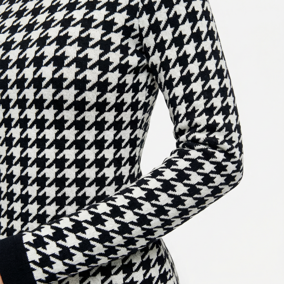 Langarm Bodycon Kleid mit Hahnentritt-Print und Cutout-Detail, Frontansicht