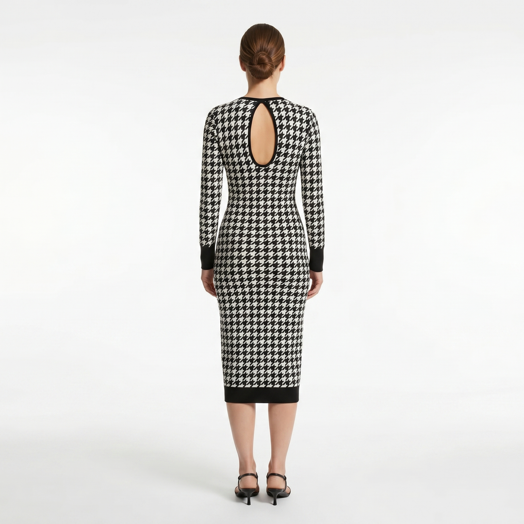 Elegantes Midikleid mit Hahnentrittmuster, figurbetonte Silhouette