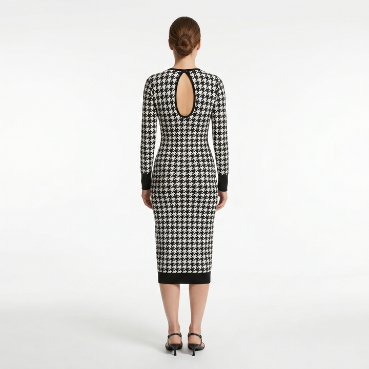 Elegantes Midikleid mit Hahnentrittmuster, figurbetonte Silhouette