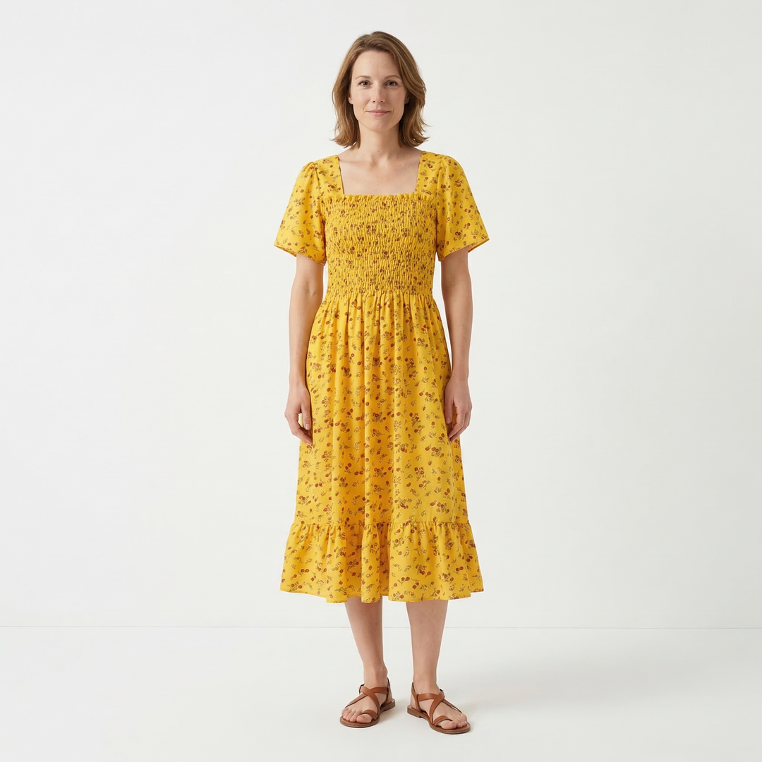 Damen Chiffon Midikleid Blumendruck Gelb A-Linie Vorderansicht