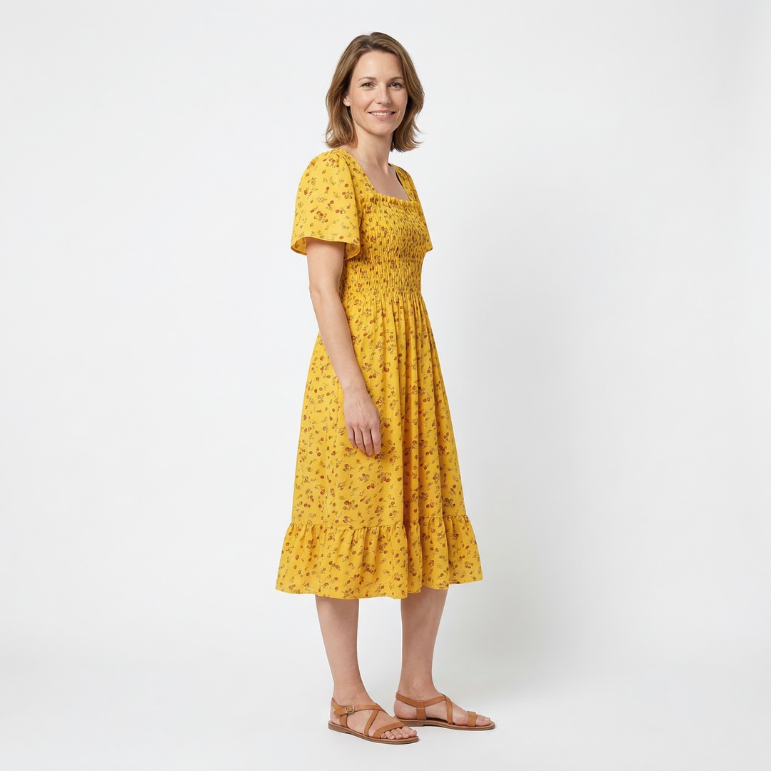 Damen Chiffon Midikleid Gelb Blumendruck Rückenansicht