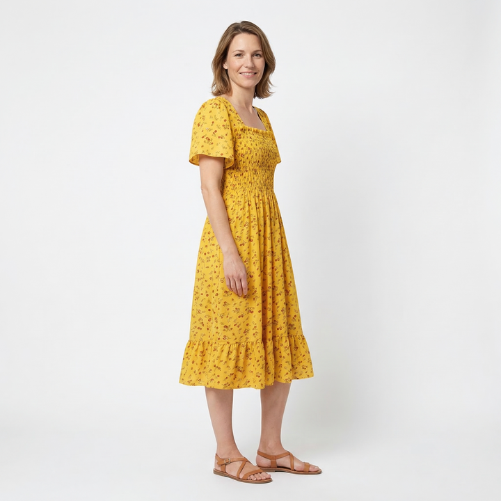 Damen Chiffon Midikleid Gelb Blumendruck Rückenansicht