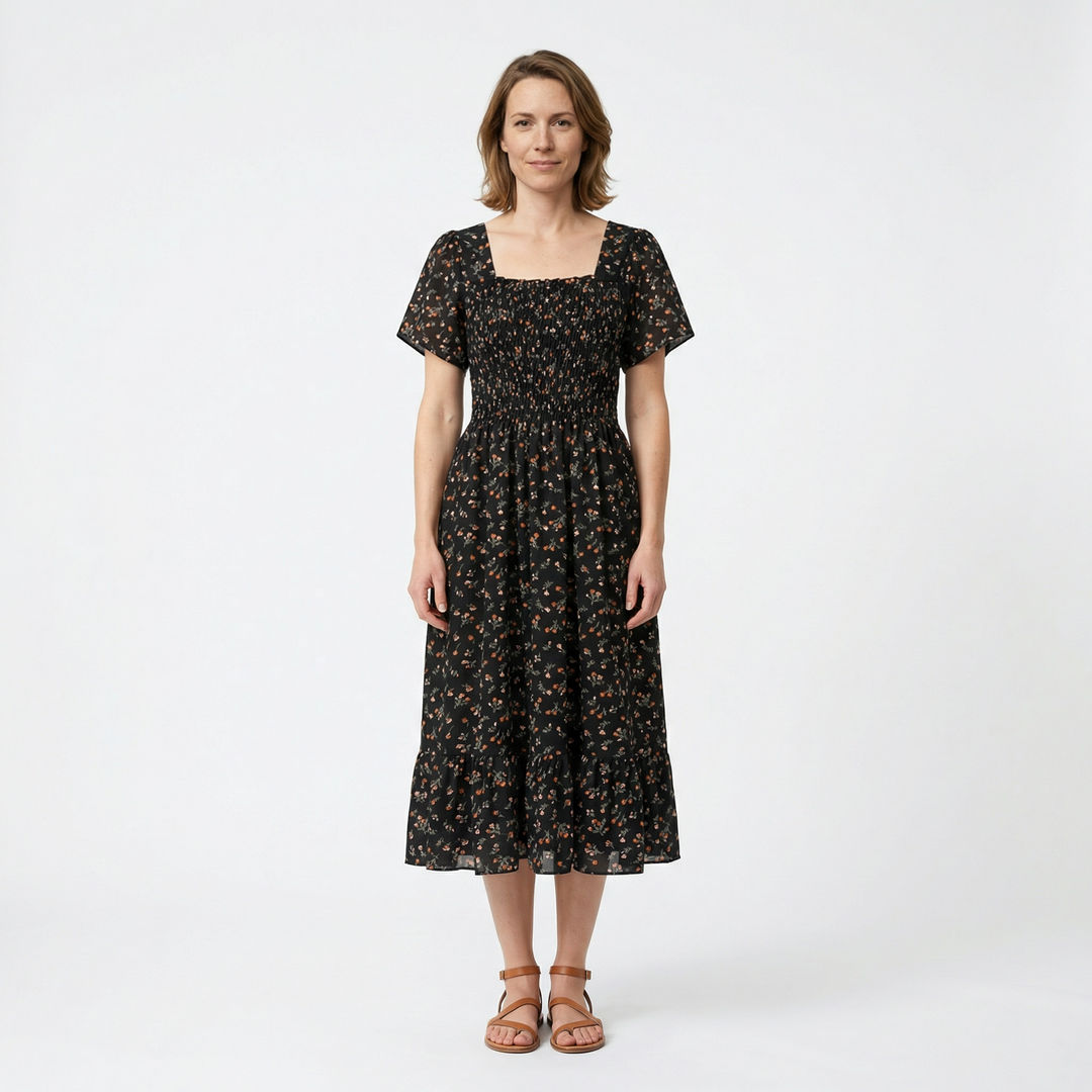Chiffon Midikleid Blumendruck Gelb Ausschnitt Detail