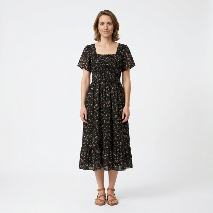 Chiffon Midikleid Blumendruck Gelb Ausschnitt Detail