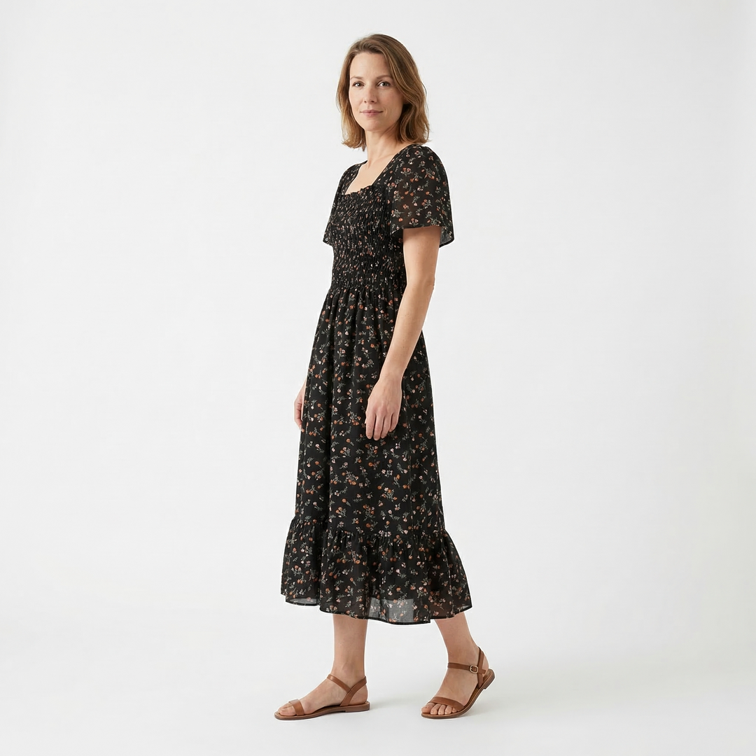 Damen Chiffon Midikleid Beige Blumendruck Ganzkörper Midi