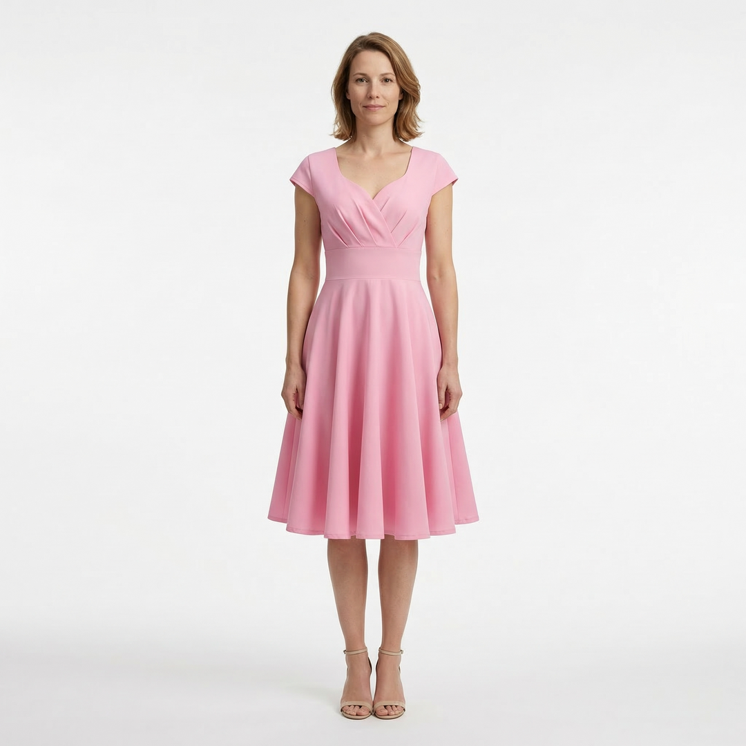 Rosafarbenes Vintage-Midikleid mit V-Ausschnitt, A-Linie