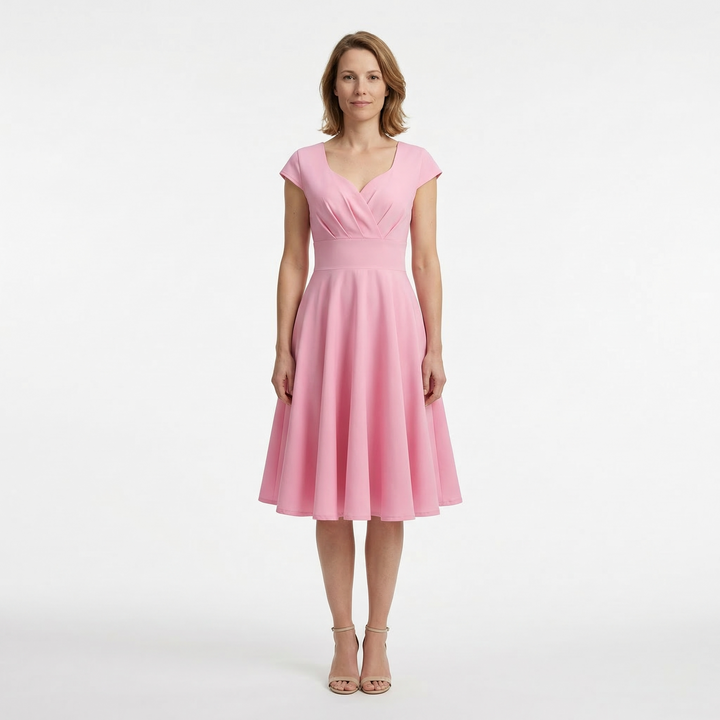 Rosafarbenes Vintage-Midikleid mit V-Ausschnitt, A-Linie