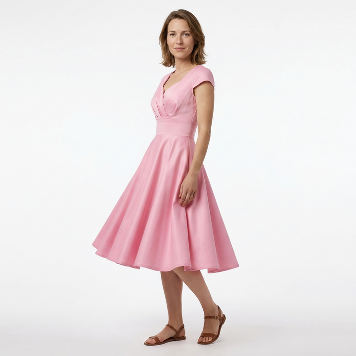 Damen-Midikleid Rosa, Seitenansicht, A-Linie mit Kurzarm