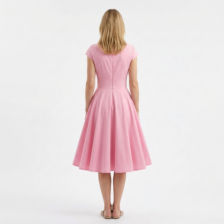 Midikleid Blau, Seitenansicht, fließende A-Linie
