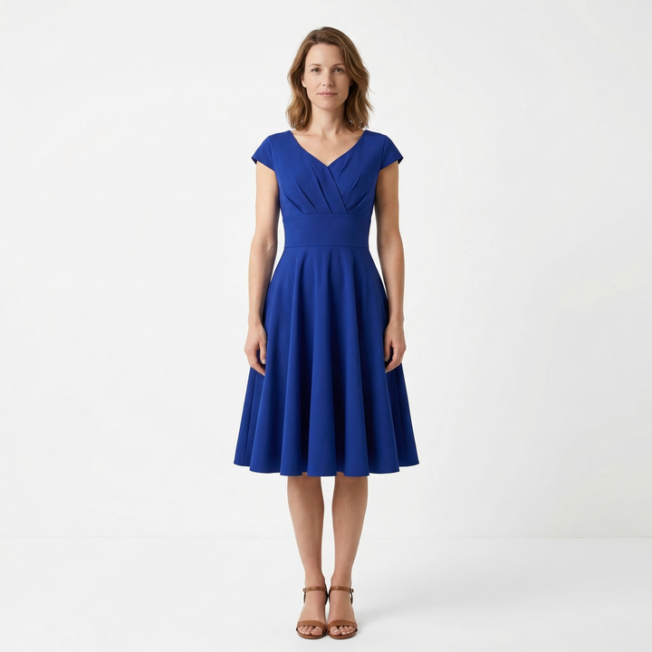 Gelbes Vintage-Midikleid, V-Ausschnitt, Vorderansicht