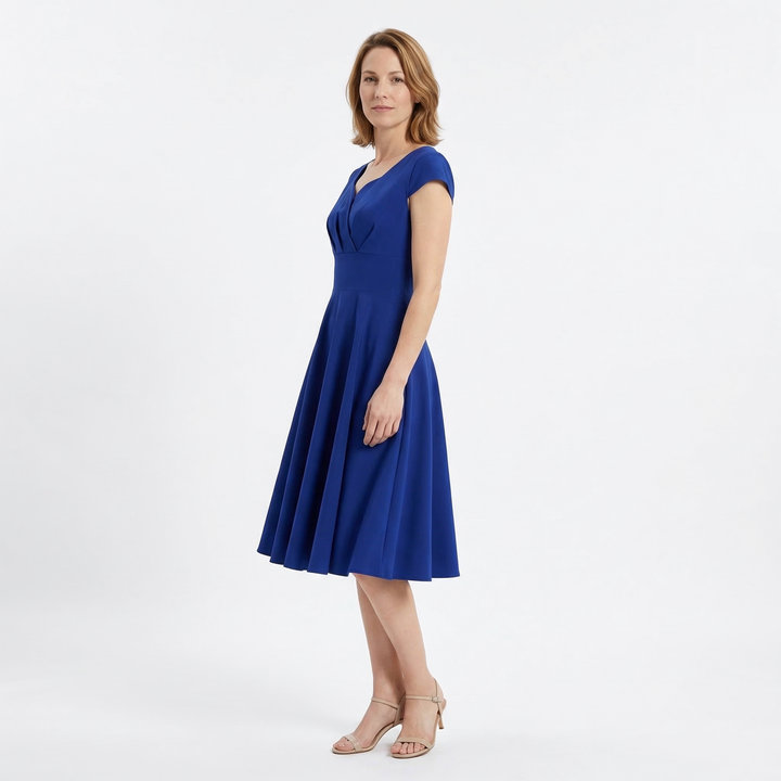 Midikleid Gelb, Seitenansicht, taillierte A-Silhouette