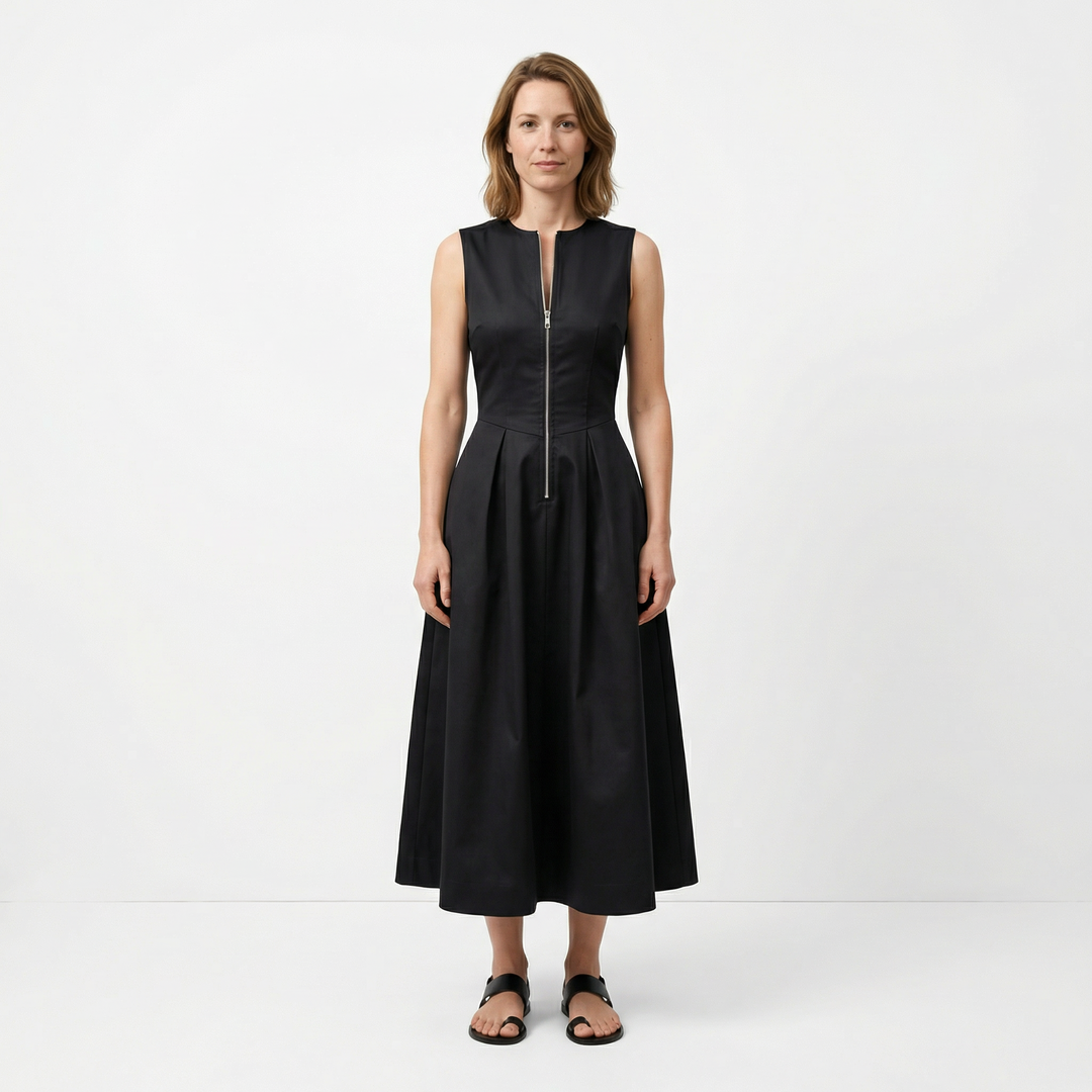 Schwarzes A-Linien-Maxikleid mit V-Ausschnitt, vorne