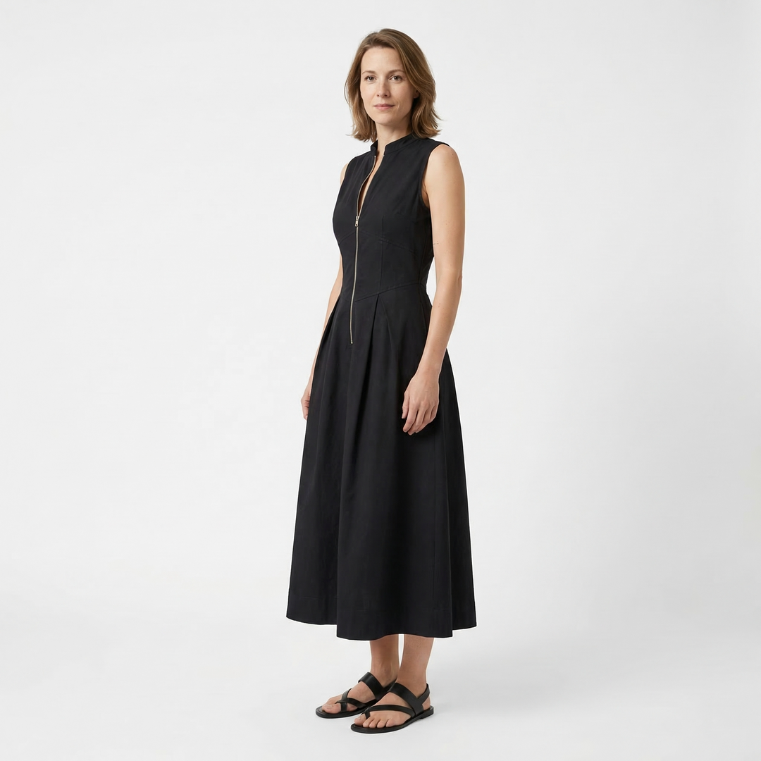 Schwarzes Maxikleid mit V-Ausschnitt, Seitenansicht
