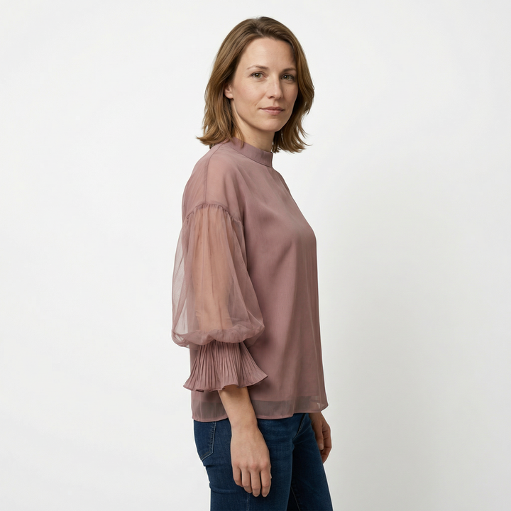 Chiffon-Rüschenbluse Rückansicht, fließender Stoff, Rüschenarmel