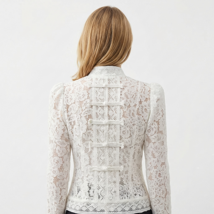 Schwarze Damen-Spitzenbluse Slim Fit, Frontansicht