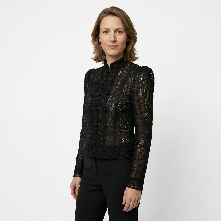 Schwarze Spitzenbluse mit floralem Muster, weitere Ansicht