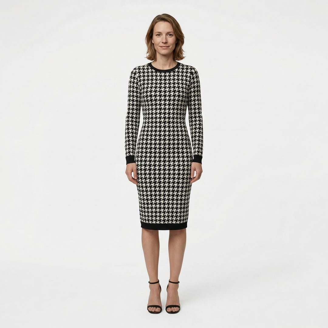 Figurbetontes Midikleid mit Hahnentrittmuster und Cutout, Frontansicht