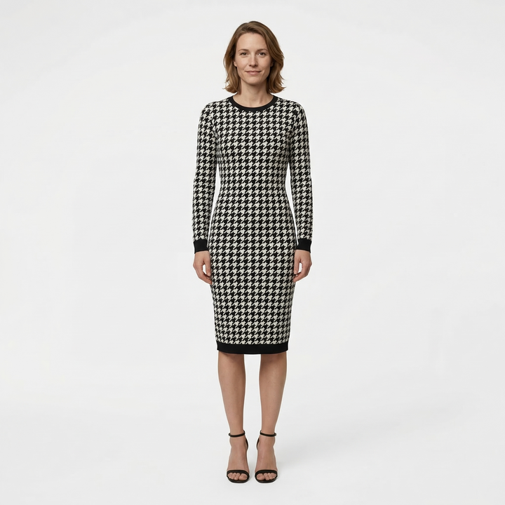 Figurbetontes Midikleid mit Hahnentrittmuster und Cutout, Frontansicht