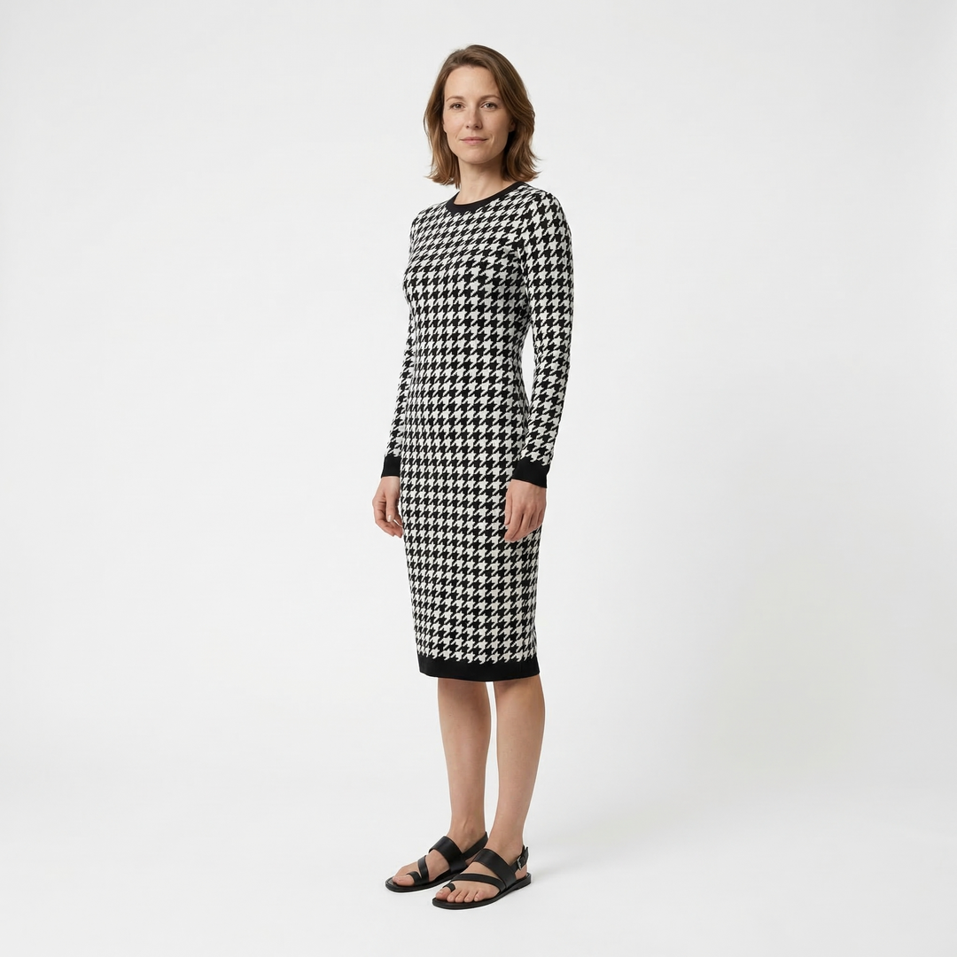 Bodycon Midikleid mit Hahnentrittmuster, Seitenansicht figurbetonend