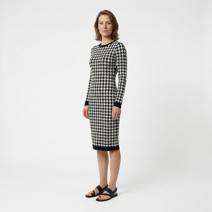 Bodycon Midikleid mit Hahnentrittmuster, Seitenansicht figurbetonend