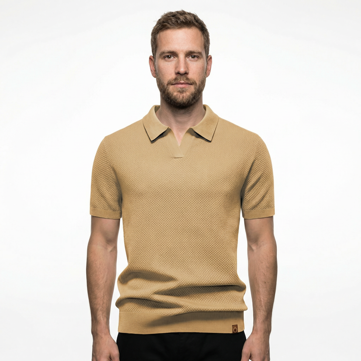 Herren Polo Shirt Kurzarm einfarbig Khaki, Vorderansicht am Model