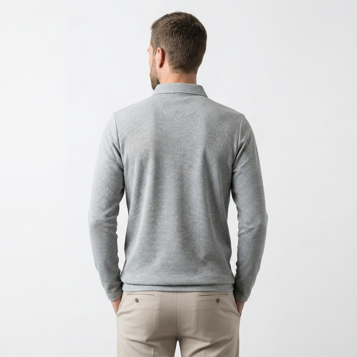 Herren Poloshirt Rückenansicht, Langarm und Schnitt sichtbar