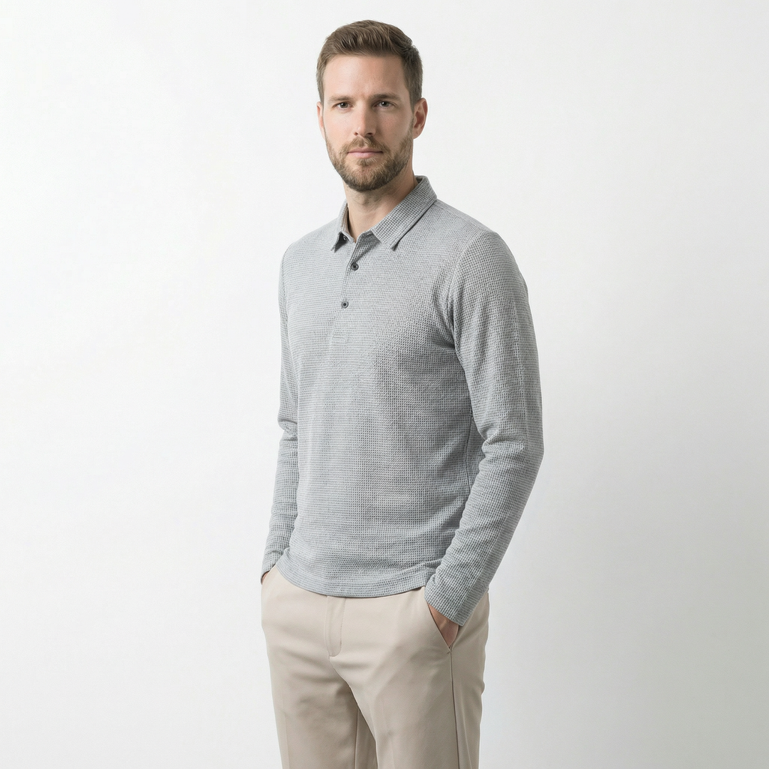 Herren Poloshirt langärmelig, zweite Frontansicht am Model