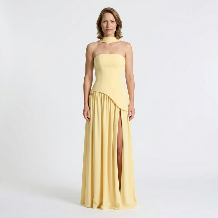 Damen Maxikleid Trägerlos mit Schaldetail und Plisseerock, Vorderansicht