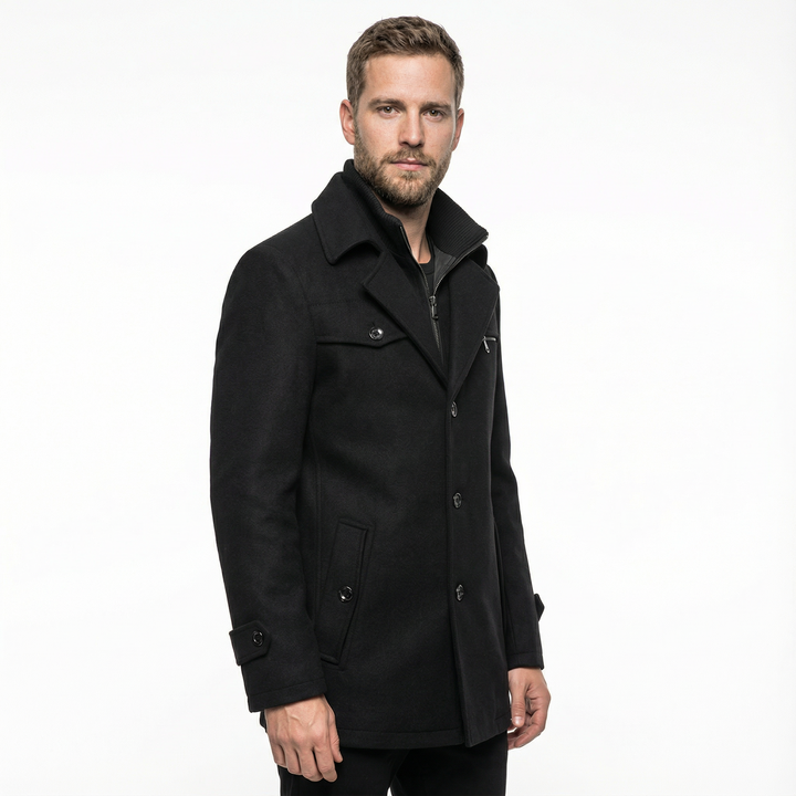 Herren Wollmantel mit Umlegekragen, Business-Look, Vorderansicht am Model