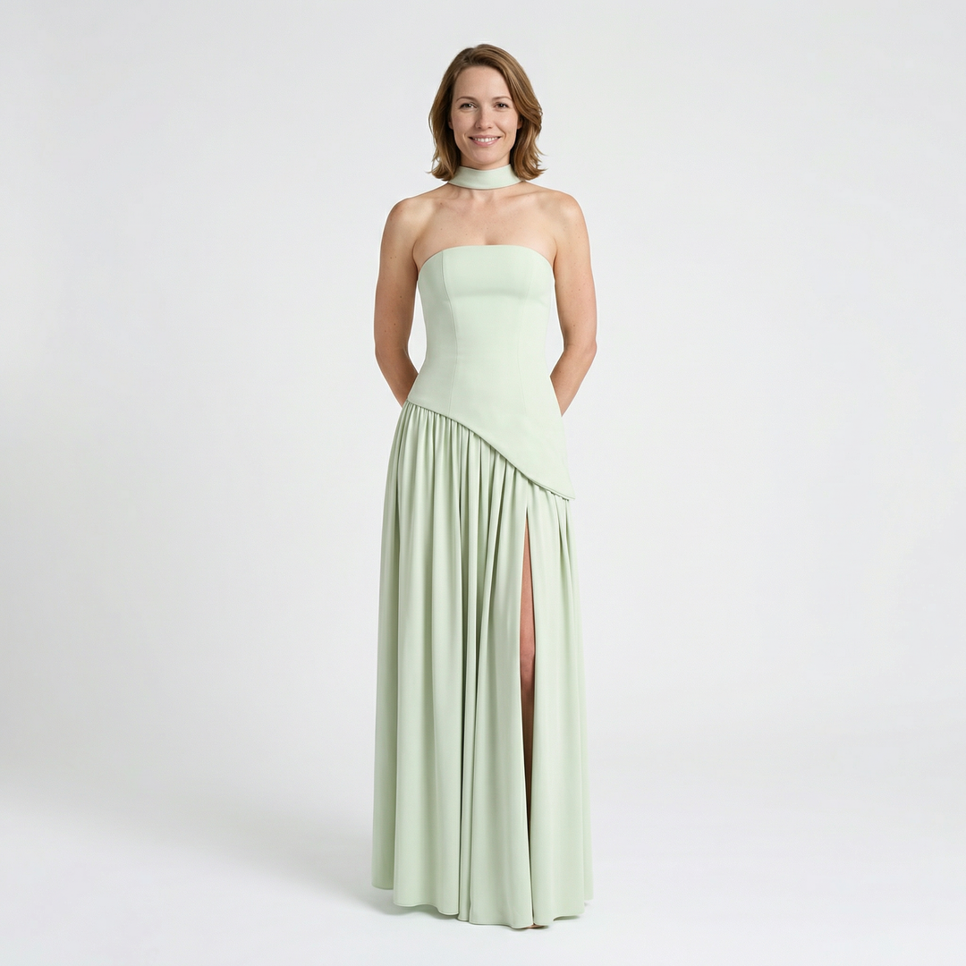 Damen Maxikleid Trägerlos in Mintgrün, Vorderansicht mit Plisseerock