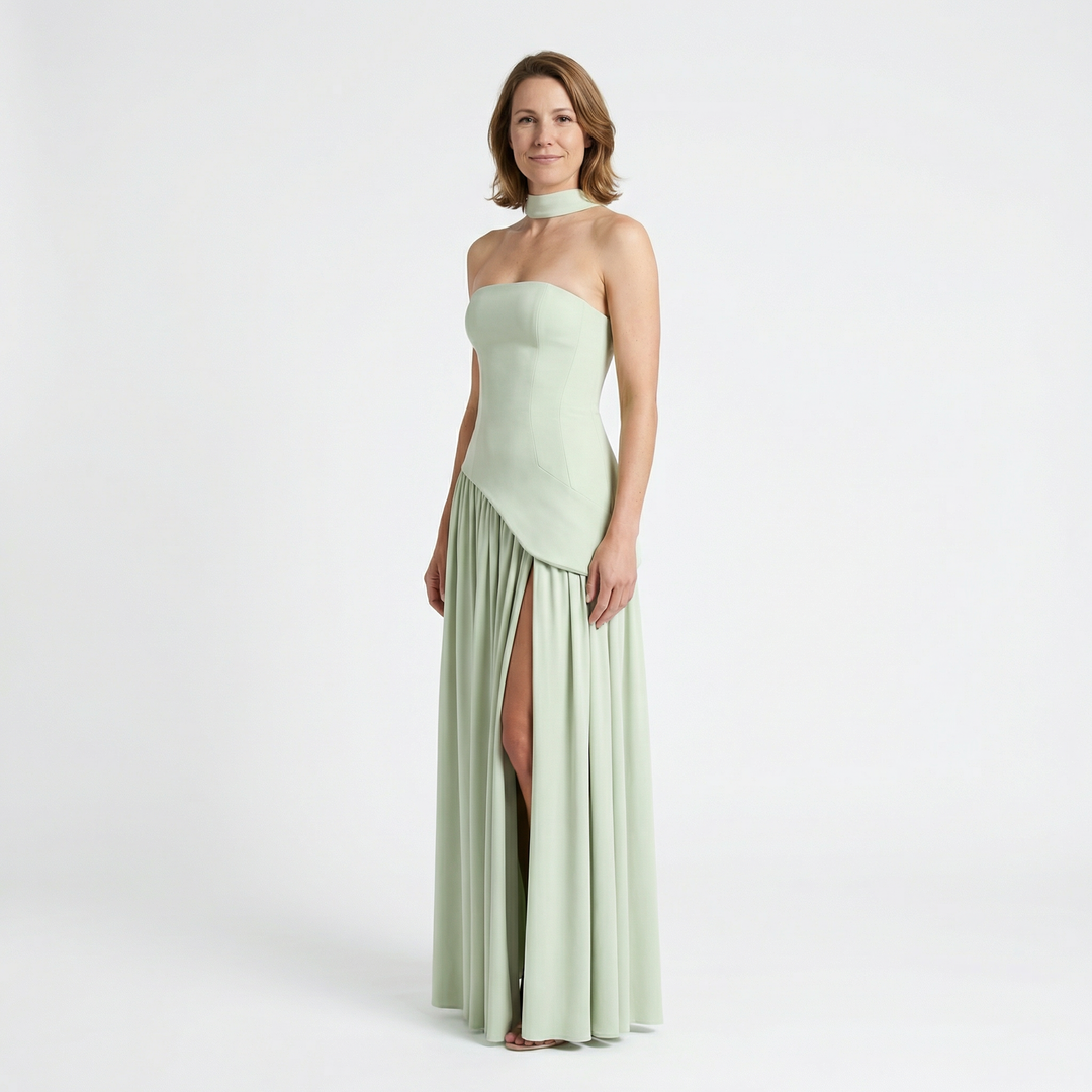 Damen Maxikleid Mintgrün, Seitenansicht, A-Linie Silhouette mit Beinschlitz