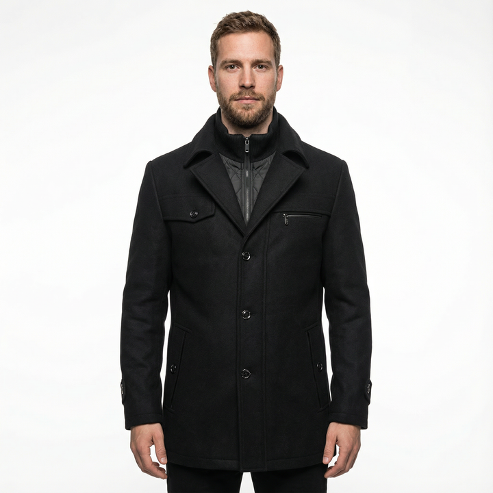 Herren Business Winterjacke, langer Mantel mit Umlegekragen, Vorderansicht am Model