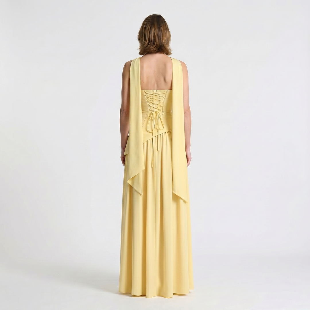 Rückenansicht Damen Trägerlos Maxikleid, rückenfreies Design mit Halsband