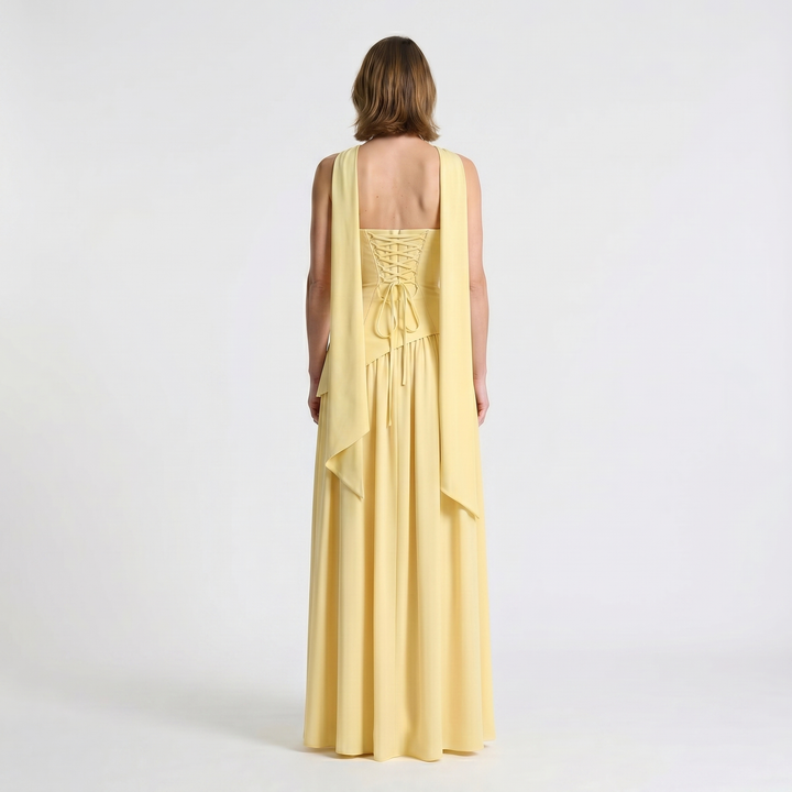 Rückenansicht Damen Trägerlos Maxikleid, rückenfreies Design mit Halsband