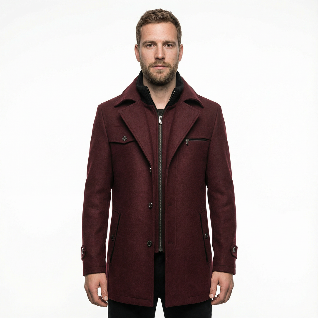 Nahaufnahme Kragen und Knopfleiste Herren Wintermantel, Woll-Polyester-Material