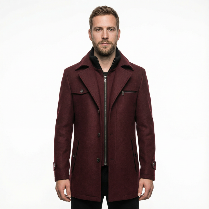 Nahaufnahme Kragen und Knopfleiste Herren Wintermantel, Woll-Polyester-Material