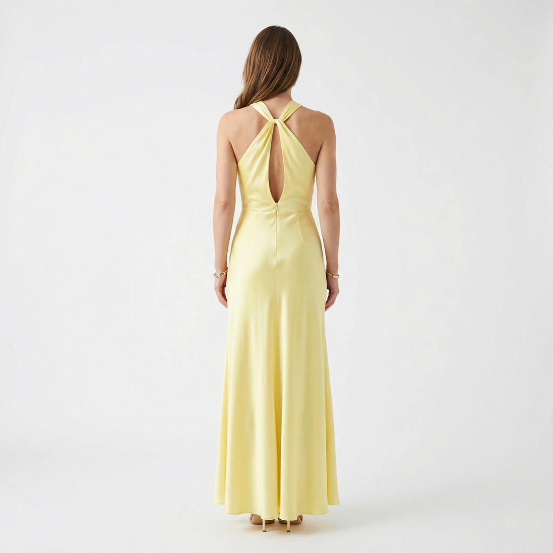 Rückenansicht Damen Satin Maxikleid, offener Rücken mit kreuzenden Trägern