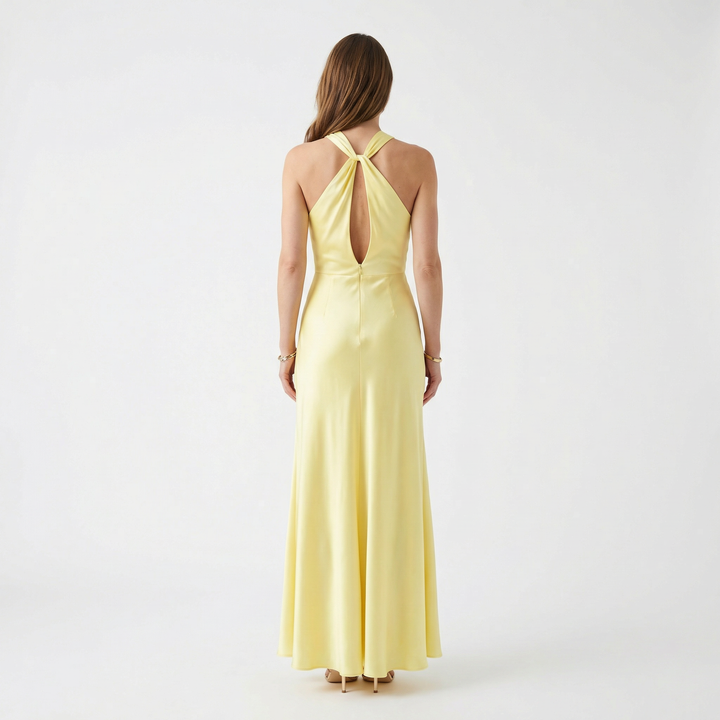 Rückenansicht Damen Satin Maxikleid, offener Rücken mit kreuzenden Trägern