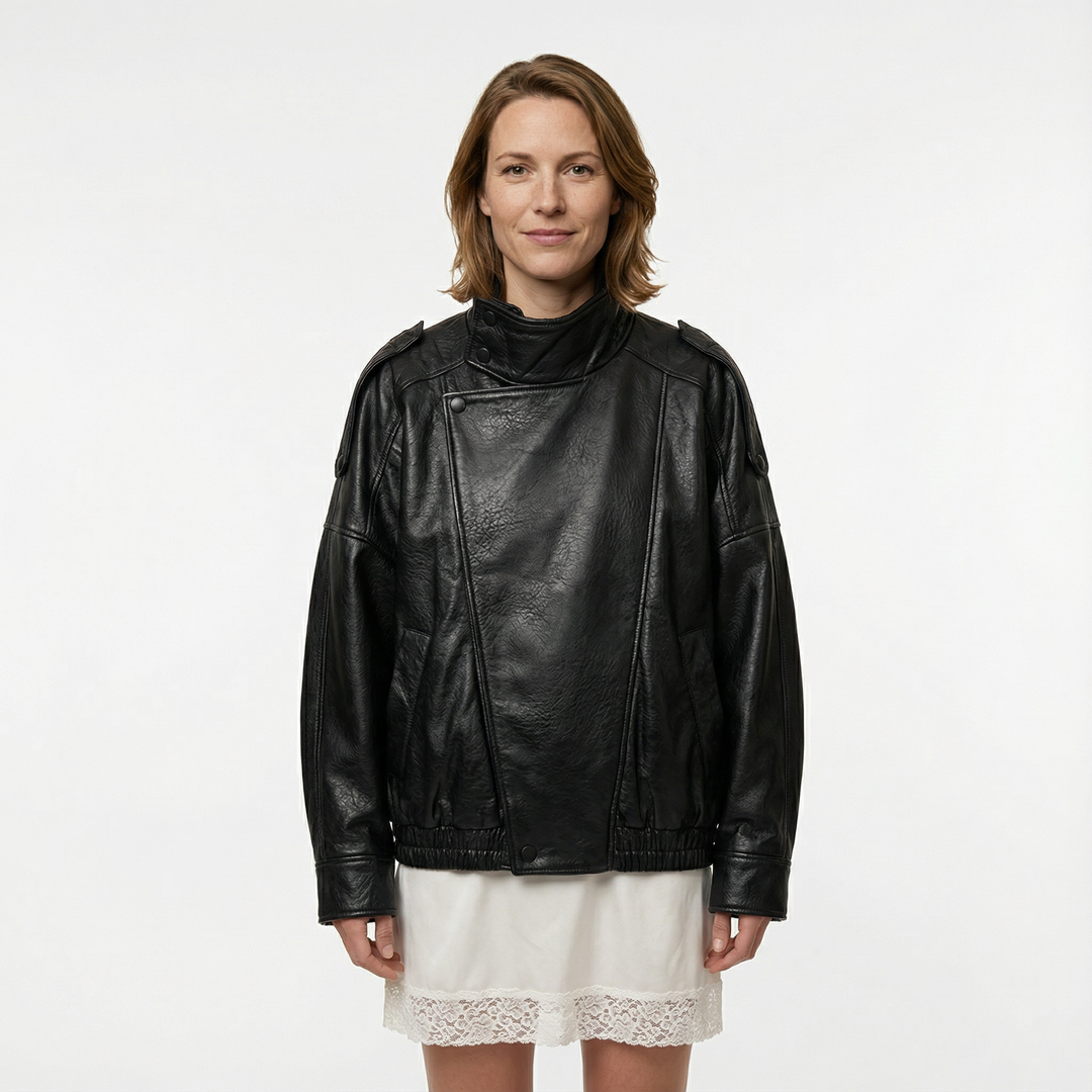 Damen Oversize Lederjacke Schwarz