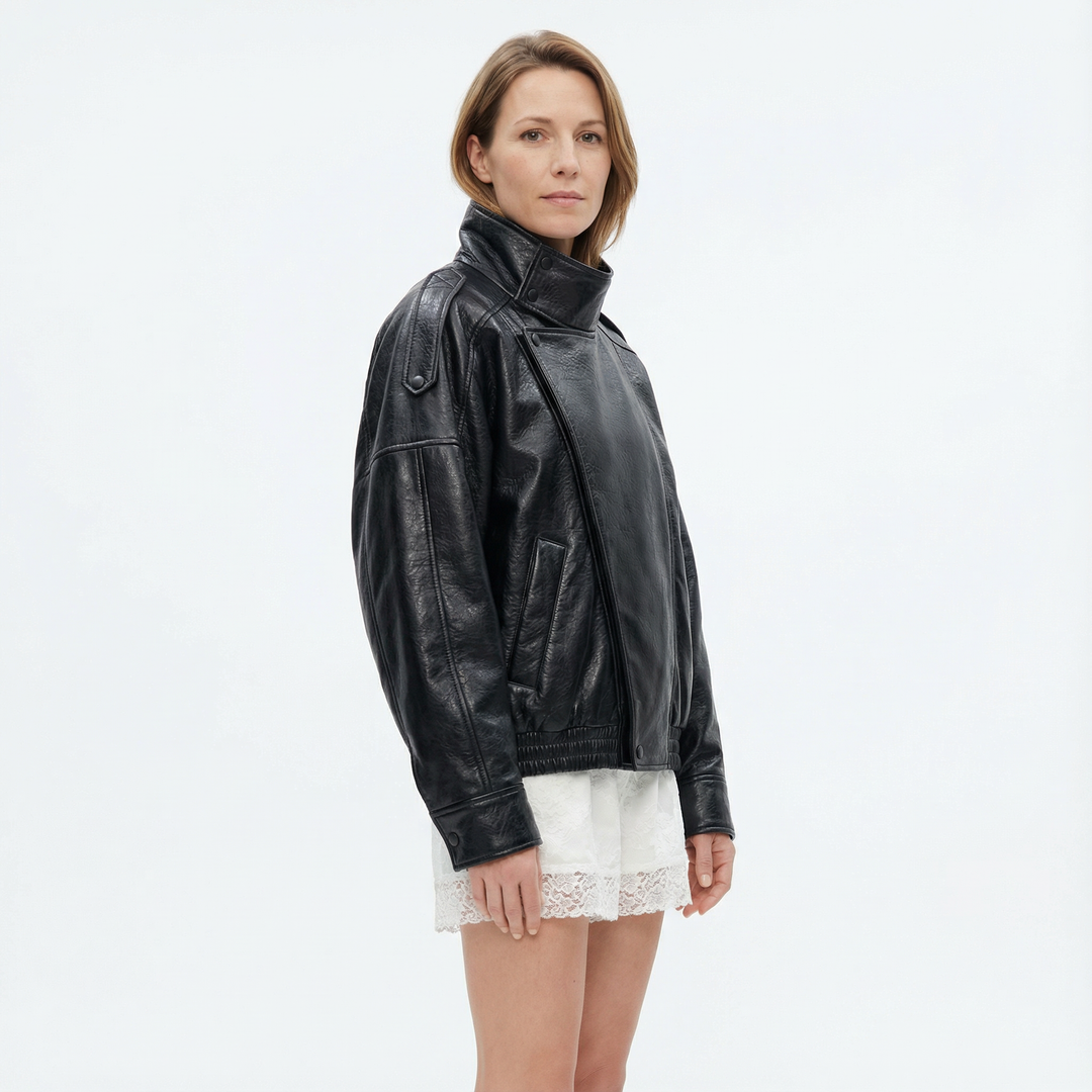 Damen Oversize Lederjacke Schwarz