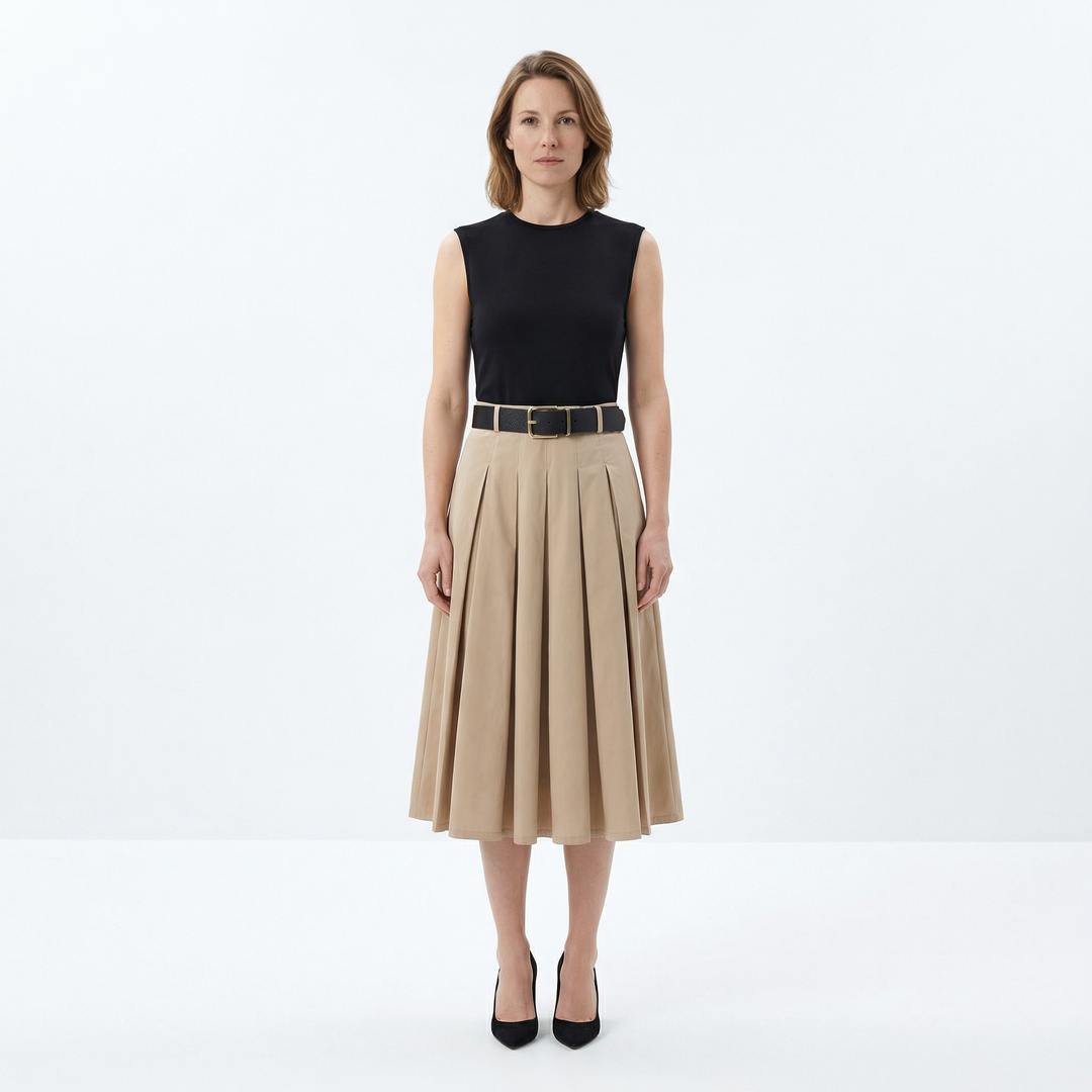 Plissee Midikleid mit Colorblock-Gürtel in Schwarz und Khaki, Frontansicht