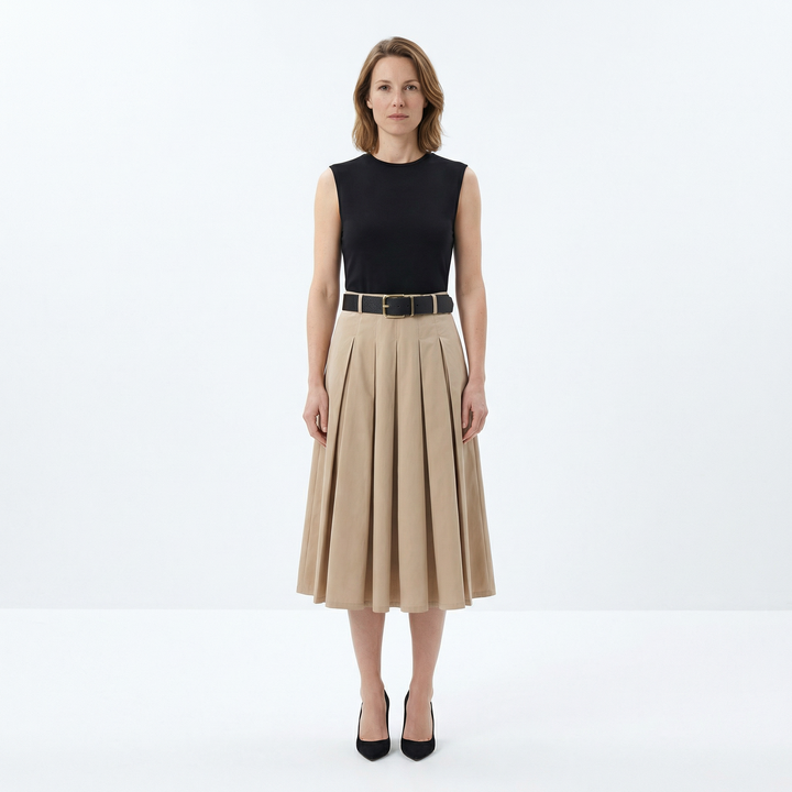 Plissee Midikleid mit Colorblock-Gürtel in Schwarz und Khaki, Frontansicht