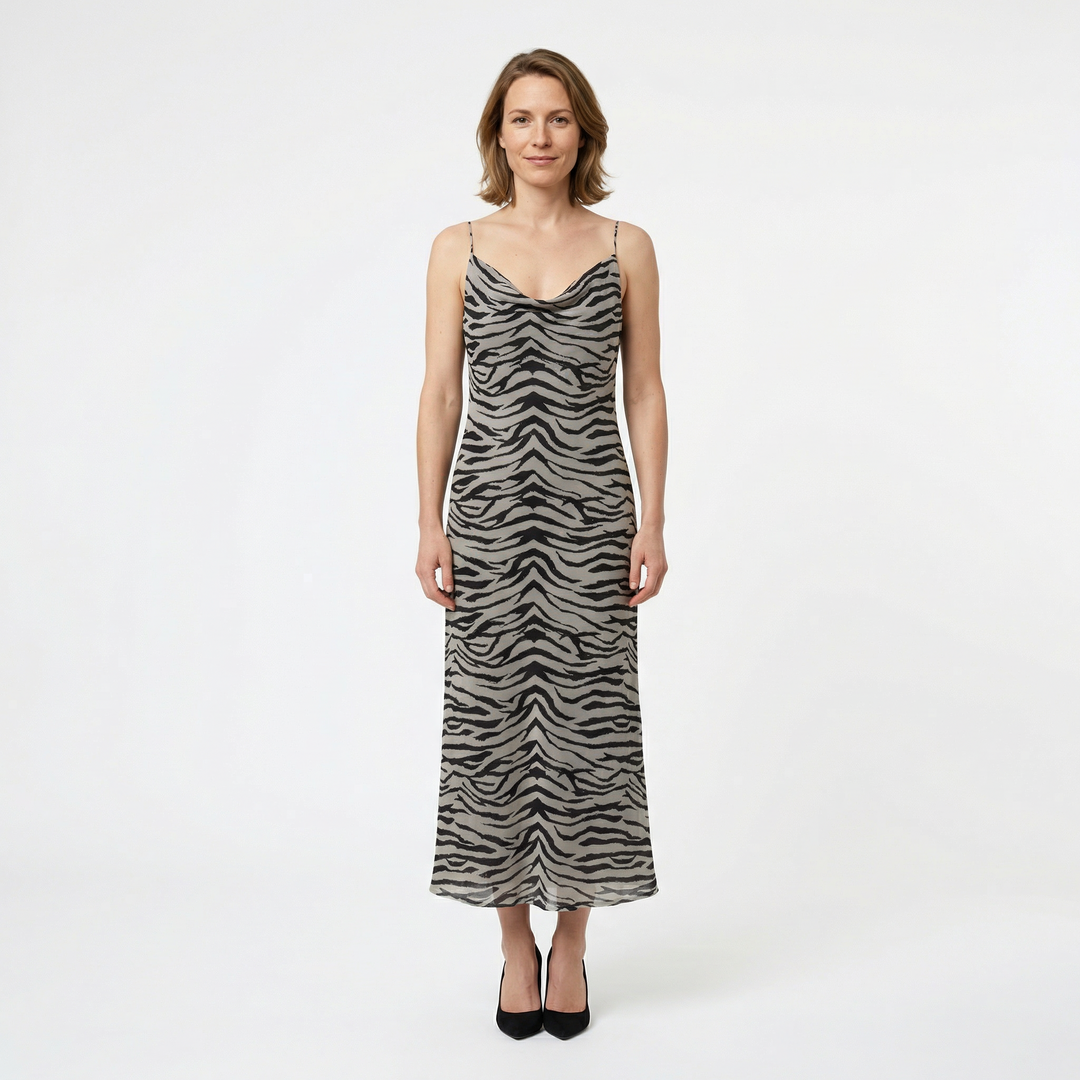 Fließendes Zebramuster-Kleid mit Halter-Neck, Seitenansicht