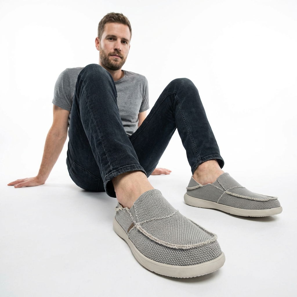 Herren trägt Canvas Loafer in Grau, lässiges Outfit, Seitenansicht