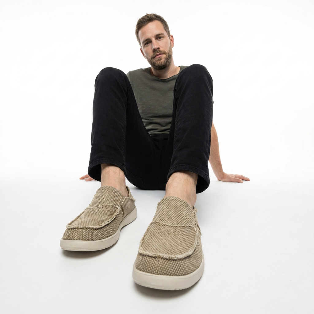 Herren trägt Canvas Loafer in Khaki, casual Styling, Seitenansicht
