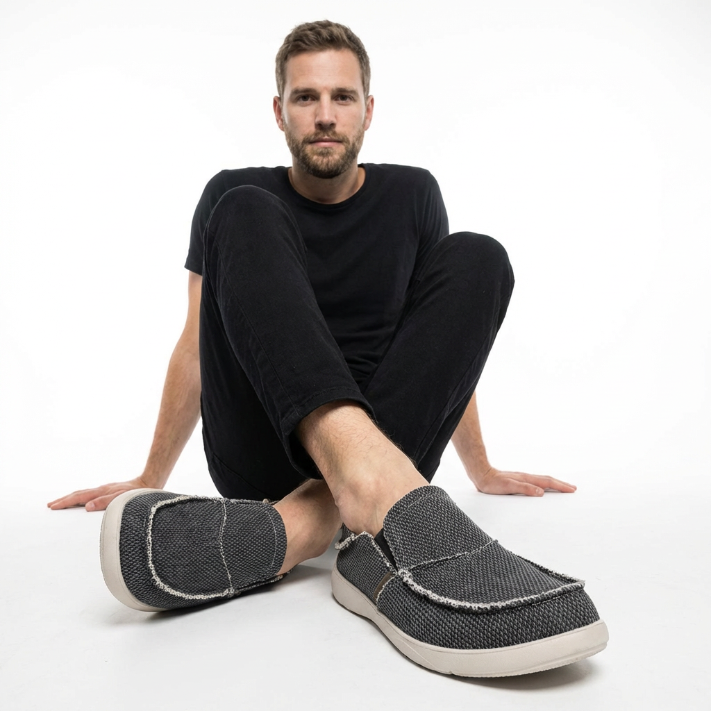 Herren trägt Canvas Loafer in Schwarz, casual Look, Seitenansicht