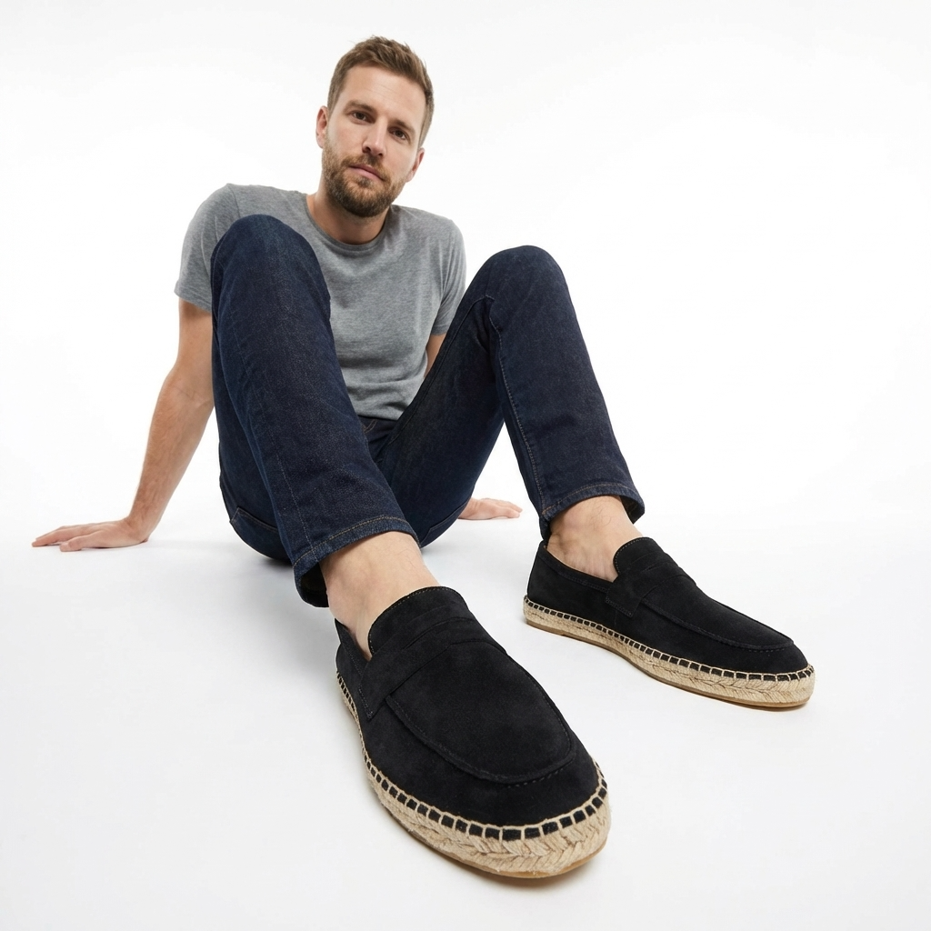 Herren trägt schwarze Wildleder-Espadrilles im Freien, Seitenansicht
