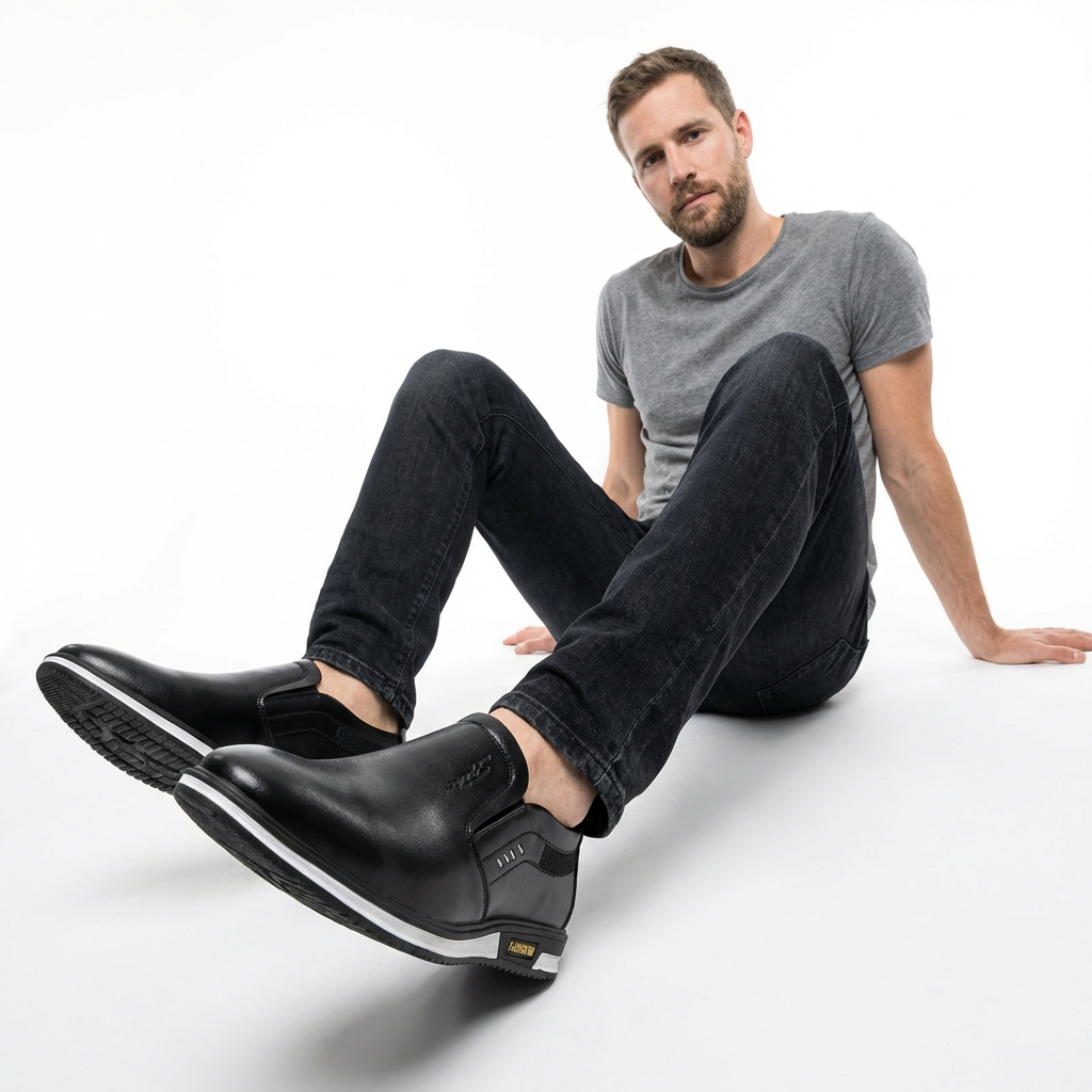 Herrenmodel trägt schwarze Loafer, dunkles Casual-Outfit, Frontansicht